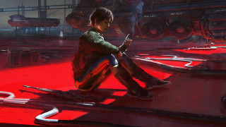 Factory cyberpunk red robotic girl - a red floor free wallpaper
