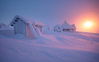 Snowy hut sun clouds mountain - small free wallpaper