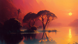Sunset trees water boat orange - orange sky free wallpaper