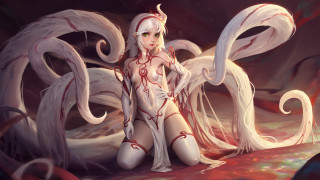 White haired woman red surface - a red surface free wallpaper