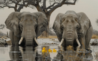 Elephants water trunks eating yellow - fantastic realism free wallpaper