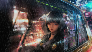 Neon rainy cyberpunk woman city - art station free wallpaper