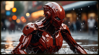 Red robot street rain cyberpunk - a red robot free wallpaper