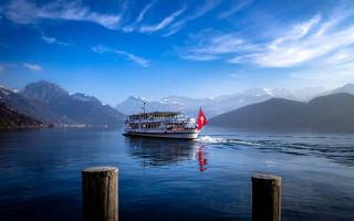 Boat lake mountains blue sky - lake free wallpaper