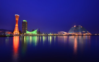 City skyline tower lit water - cui bai free wallpaper for desktop