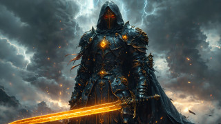 Armor burning cape cloud sunset - free fantasy wallpaper