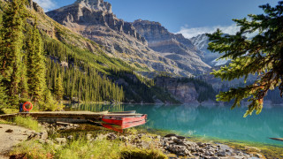 Lake mountain boat forest sky - bob ross free wallpaper