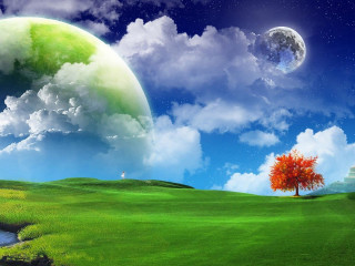 Tree moon sky green field - a stream free wallpaper