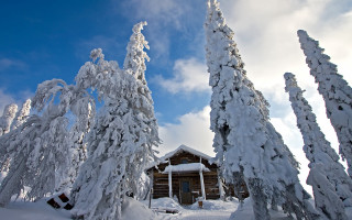 Snowy cabin woods mountains clouds - a cabin free wallpaper