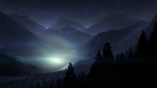 Rainbow mountain lake night fantasy - volumetric free wallpaper