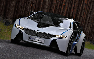 White blue car parked street - a wooden fence behind free wallpaper