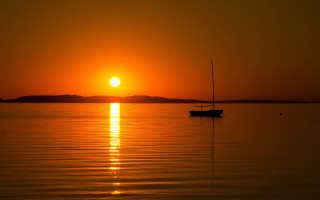 Boat sunset water mountain moon - sunset time free wallpaper