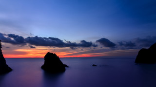 Sunset water rocks clouds city - choi buk free wallpaper