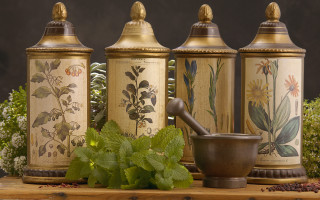 Mortar bowl canisters herbs flowers - decorative free wallpaper