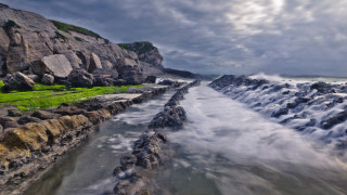 River cliffs cloudy sky green - a river running free wallpaper