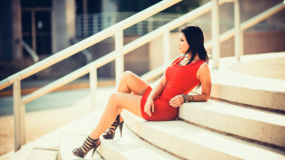 Woman red dress stairs sitting - contemporary free wallpaper for desktop