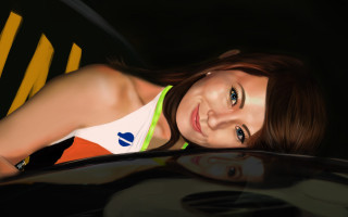 Woman car pose blueeyes brownhair - the hood of a car free wallpaper