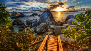Wooden staircase beach sunset rocky 2 - a wooden staircase free wallpaper