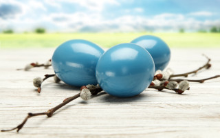 Three blue eggs wooden table - leaf and buds free wallpaper