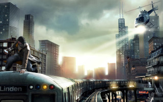 Afrofuturism cityscape train helicopter night - over a city free wallpaper