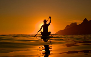 Surfboard sunset mountain water paddle - bettina heinenayech free wallpaper for desktop
