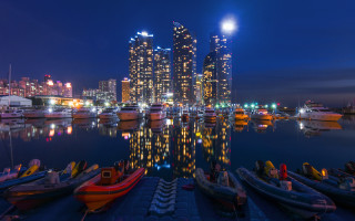 Harbor boats cityscape night lights - david park free wallpaper