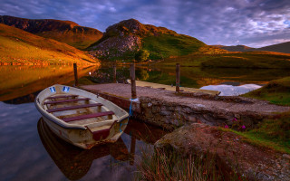 Dawn lake mountains boat bridge - david paton free wallpaper