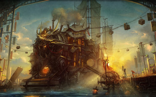 Harbor ship lights wires fantasy - bastien lecouffedeharme free wallpaper