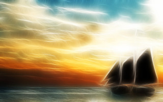 Sailboat sunset clouds light rays - impressionism free wallpaper