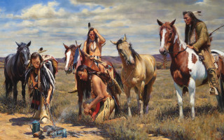 Native americans horses field oil - brothers hildebrandt free wallpaper