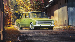 Green car road building trees - a building and trees free wallpaper