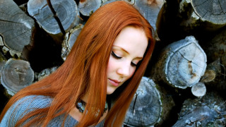 Redhair woman logs closedeyes longhair - long red hair free wallpaper