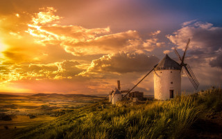 Windmill hill sunset clouds grassy - a windmill free wallpaper