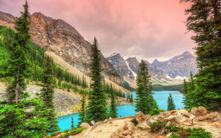 Mountain lake forest bridge sunset 2 - scenic free wallpaper