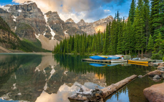 Lake mountains boats clouds forest - fallen free wallpaper for desktop