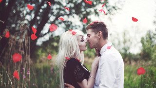 Romantic flower field kissing couple - red petal free wallpaper