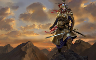 Mountain sunset fantasy armor sword - a mountain top free wallpaper