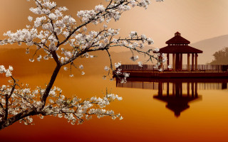 Pavilion lake flowers redsky autumn - arthur pan free wallpaper