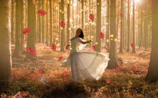 Woman white dress woods red - red leaf free wallpaper