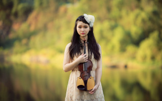 Woman violin lake trees magic - a violin free wallpaper