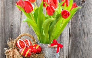 Basket eggs flowers fence bow - a red bow free wallpaper for desktop