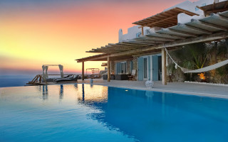 Sunset pool hammock panorama photorealism - a large swimming pool free wallpaper