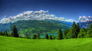 Green valley lake mountains clouds 2 - scenic free wallpaper for desktop