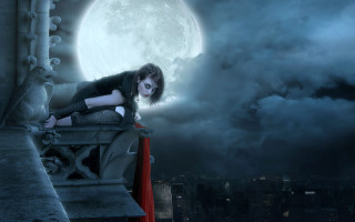 Woman moon city fence gothic - a ledge in front free wallpaper
