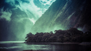 Large waterfall mountain lake boat - a mountain side free wallpaper