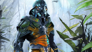 Suit man forest sword bird - biopunk free wallpaper