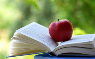 Apple book table outside bokeh - top of a book free wallpaper