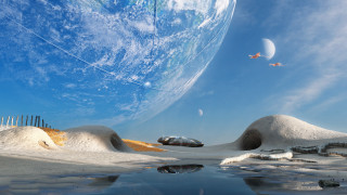 Planet sky fence water ocean - free space wallpaper