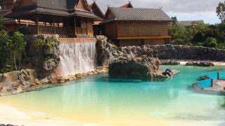 Pool waterfall architecture beach city - a waterfall in the middle free wallpaper