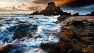 Rocky beach waves sunset planet - a rocky beach free wallpaper for desktop